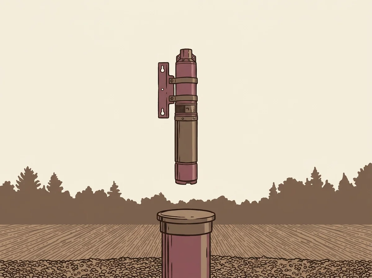 Illustration of a submersible well pump lowering on a cable into a rural Pennsylvania wellhead, a tree line and open field behind it, one water flow line at the surface